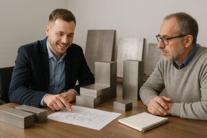Equipo comercial Metapol asesorando a un cliente sobre aceros para matricería